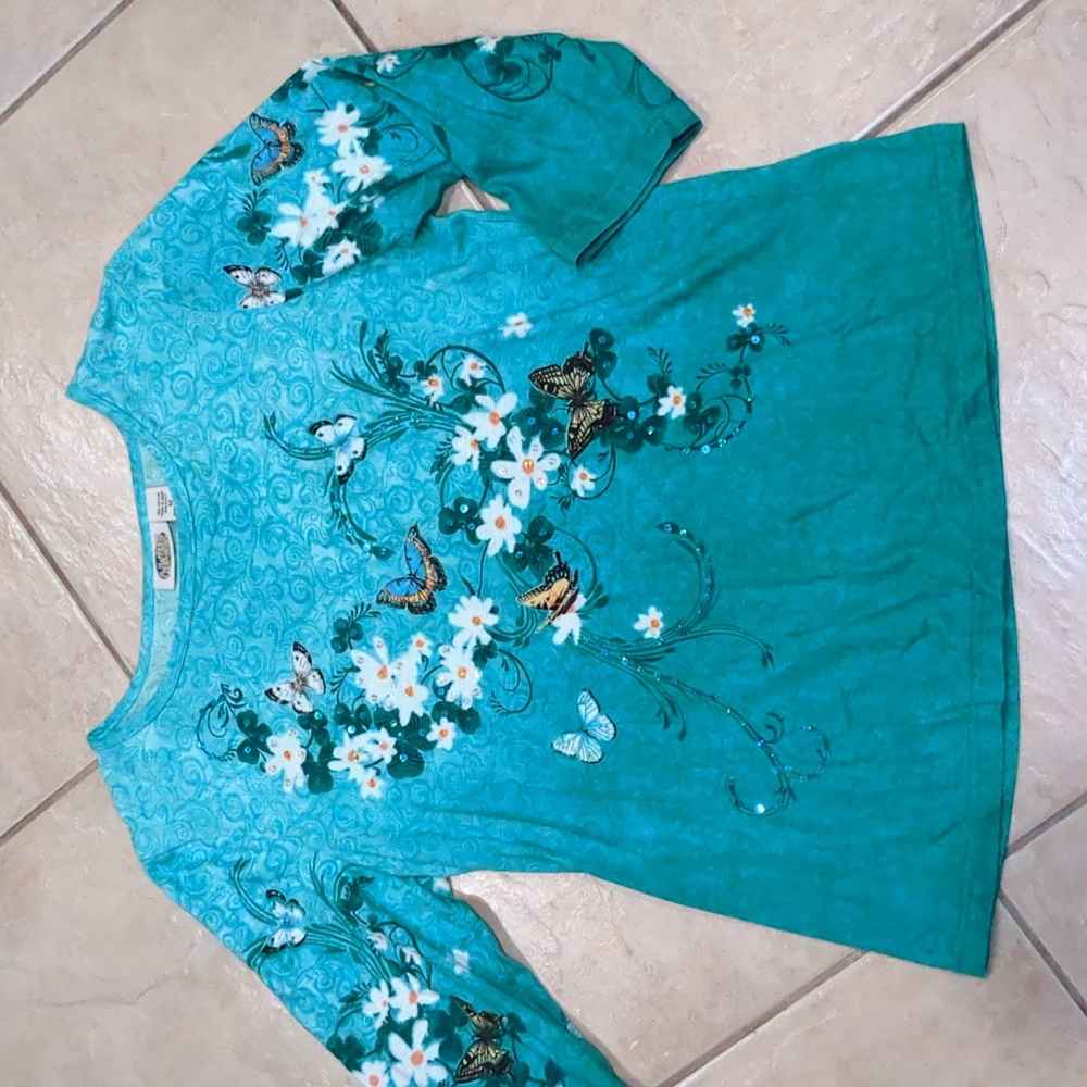 Vintage Collections Etc. Green Floral T-Shirt Size Medium
